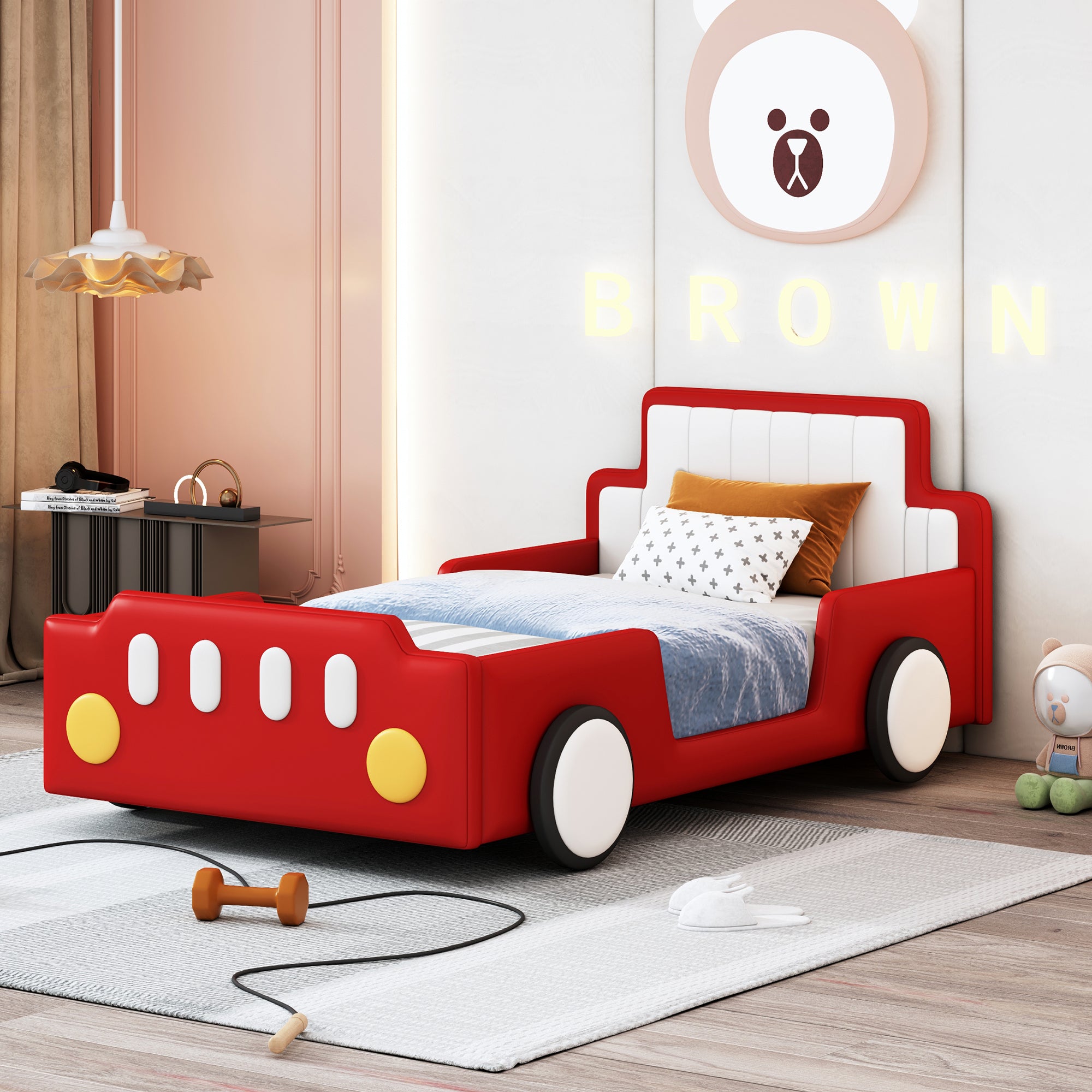 Twin Size Race Car-Shaped Platform Bed with Wheels,Red - Atlantic Fine Furniture Melbourne FL