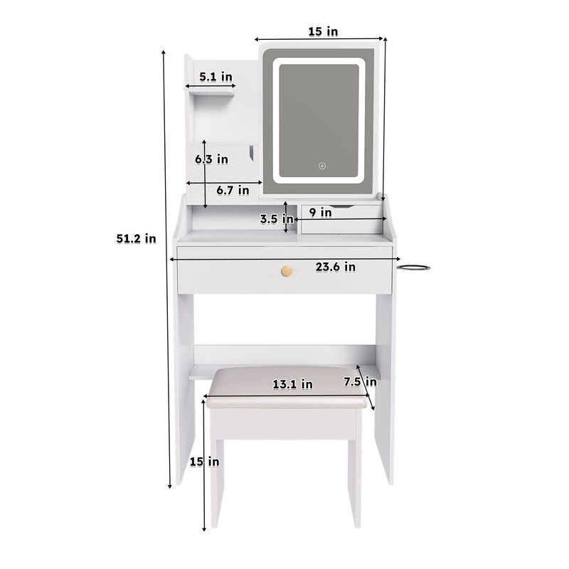 3 Color LED Vanity Mirror With Stool, 2 Drawers & 5 Storage Cabinets, Adjustable Lighting - White