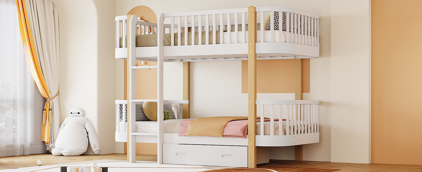 Wood Twin over Twin Bunk Bed with Fence Guardrail and a Big Drawer, White - Atlantic Fine Furniture Melbourne FL