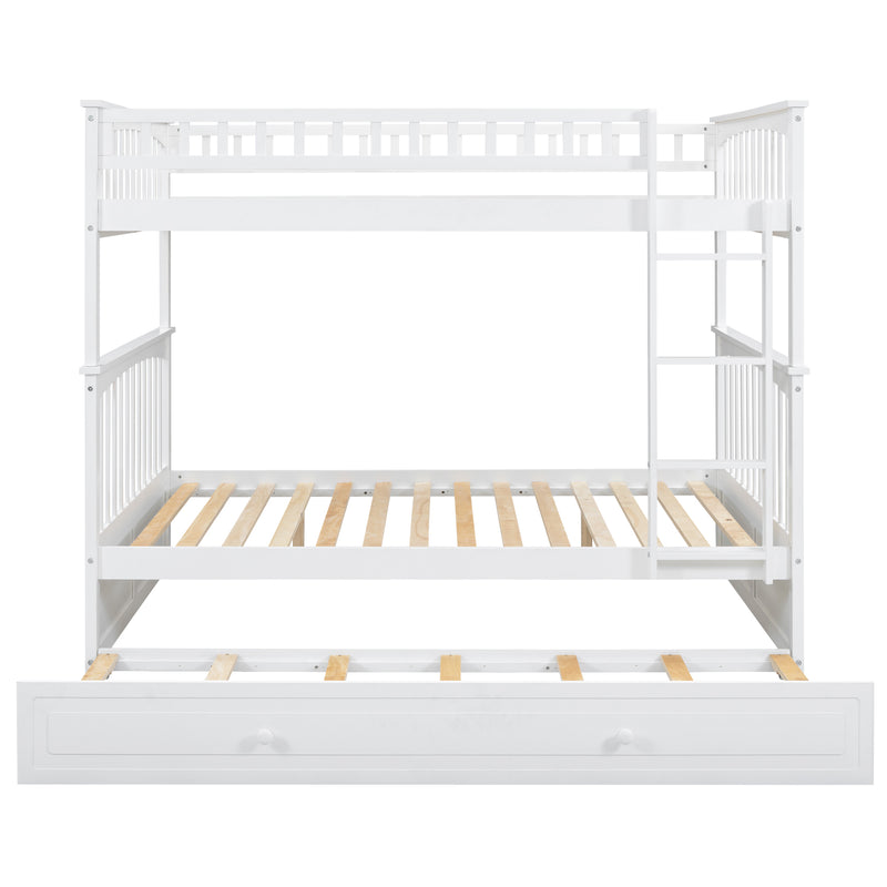 Full over Full Bunk Bed with Twin Size Trundle, Convertible Beds, White