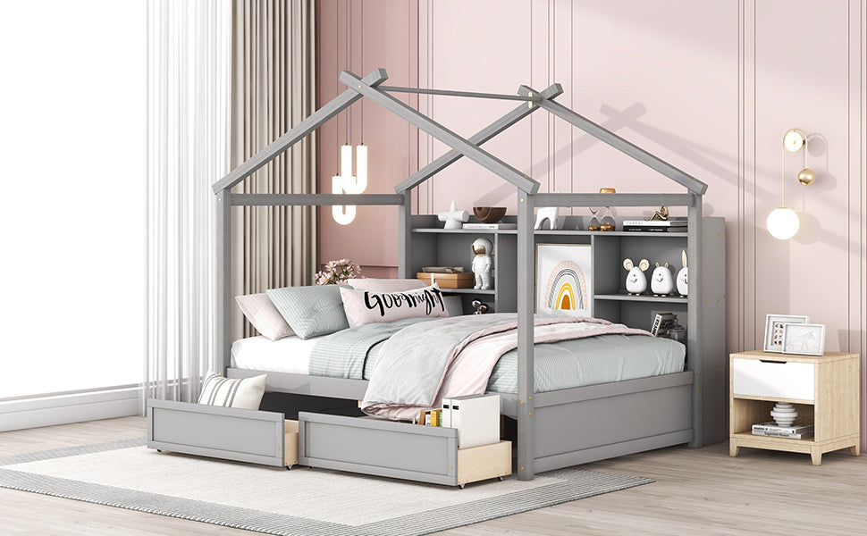 Full Size House Bed with Storage Shelves and 2 Drawers, Brushed Gray - Atlantic Fine Furniture Melbourne FL