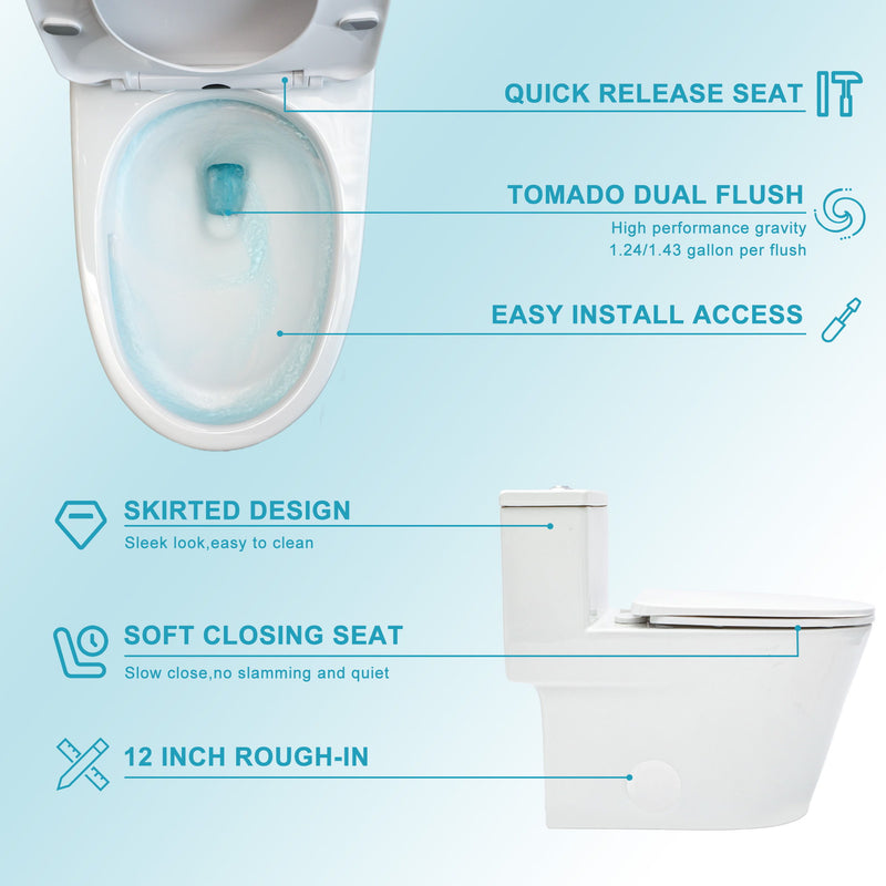 1 Piece Toilet For Bathroom, Dual Flush 1.24 / 1.43 Gpf, Soft Closing Seat - White