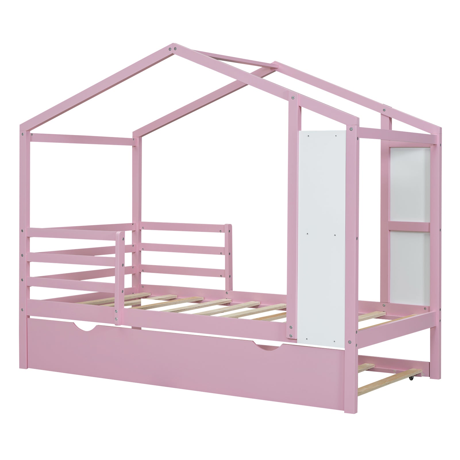 Twin Size Wood House Bed with Fence and Writing Board,Pink - Atlantic Fine Furniture Melbourne FL