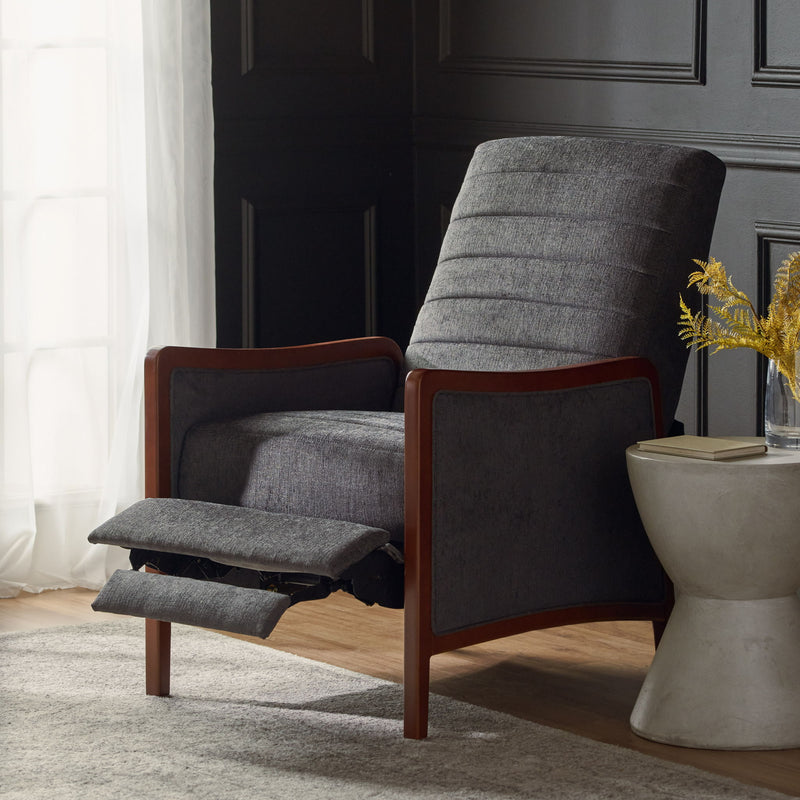 Mendota - Mid Century Modern Fabric Channel Stitch Wood Pushback Recliner - Gray