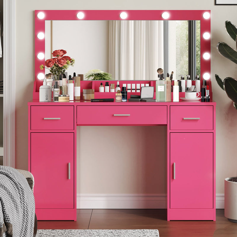 Vanity Desk With Large Mirror, 3 Colour Lighting Modes, Adjustable Brightness, Dresser With 3 Drawers & 2 Vertical Cabinets, Makeup Vanity Table For Women & Girls