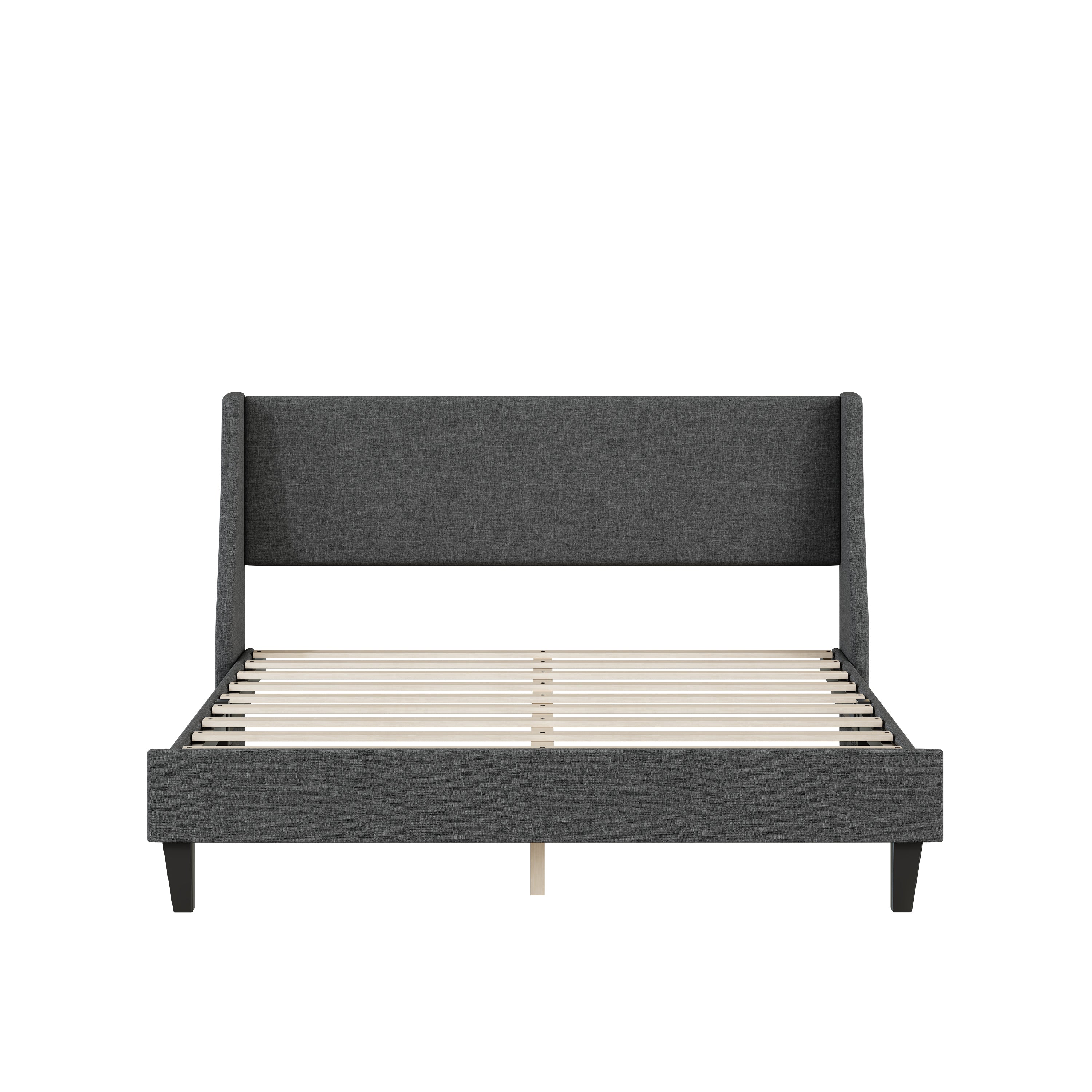 Queen Size Bed Frame Upholstered Bed Frame Platform ,Non-adjustable Headboard Linen Fabric Headboard Wooden Slats Support/No Box Spring Needed/Easy Assembly/Mattress Foundation, Light gray