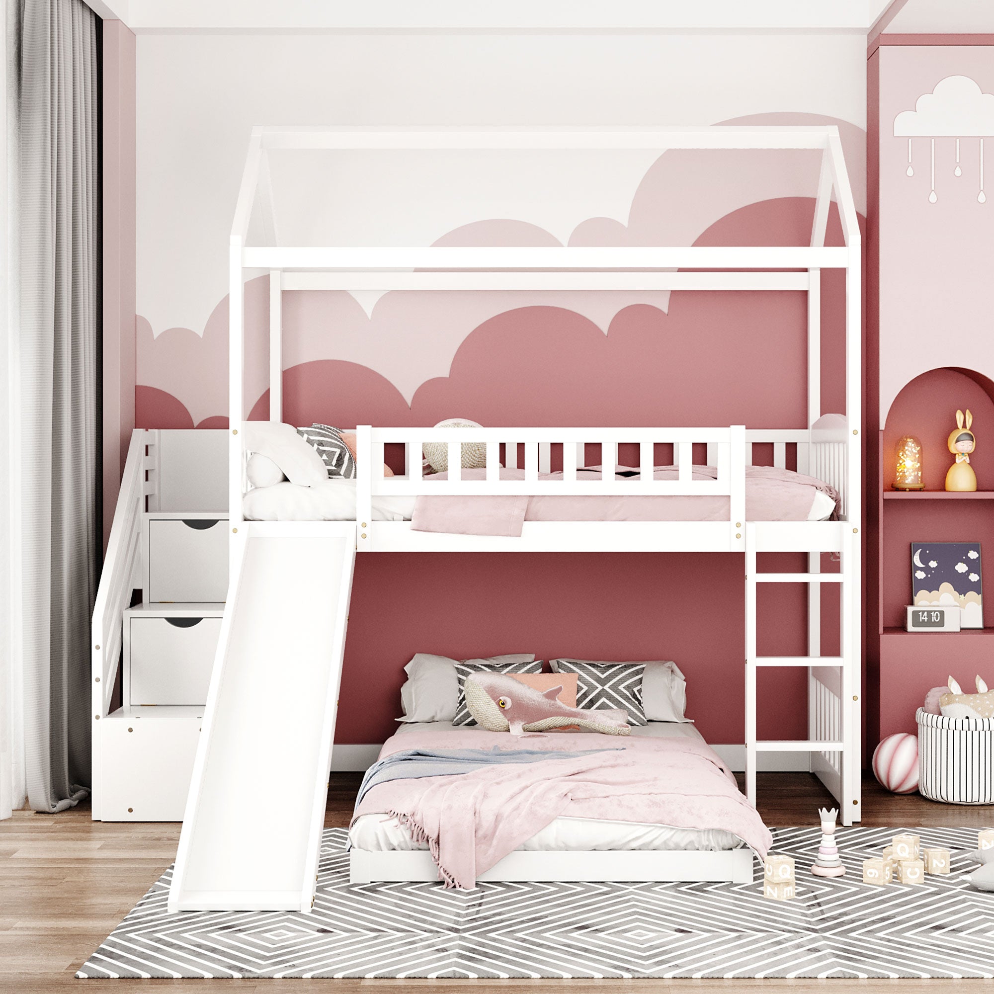 Twin Over Twin Bunk Bed with Two Drawers and Slide, House Bed with Slide, White(OLD SKU :LP000129AAK) - Atlantic Fine Furniture Melbourne FL