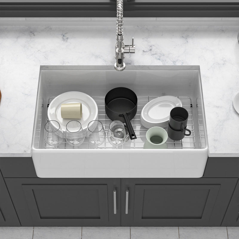 Ceramic Farmhouse Sink With Deep Basin And Stainless Steel Grid