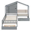 House Bed With Upholstered Sofa, Wireless Charging Station, Shelves And 2 Drawers