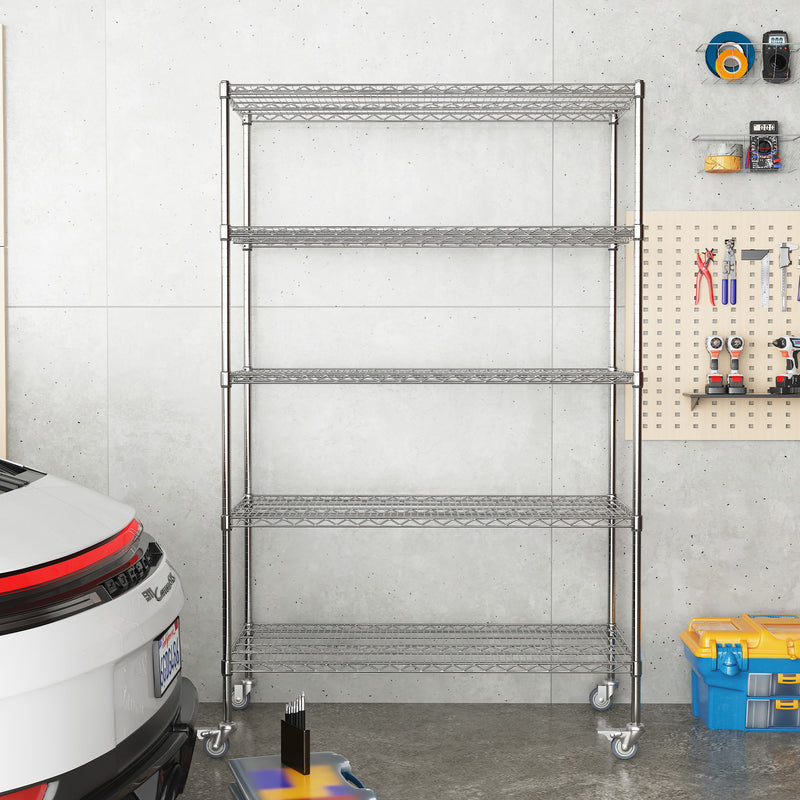 Heavy Duty Adjustable Shelving Unit, 5 Tier Wire Storage Shelves With Wheels - Brushed Nickel