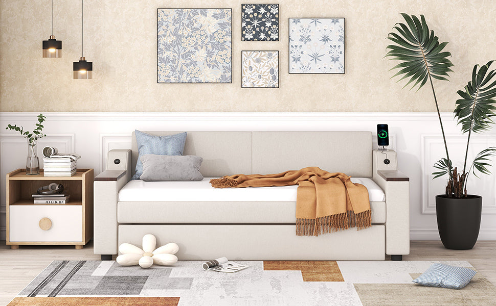 Twin Size Upholstery Daybed with Storage Arms, Trundle and USB Design, Beige - Atlantic Fine Furniture Melbourne FL