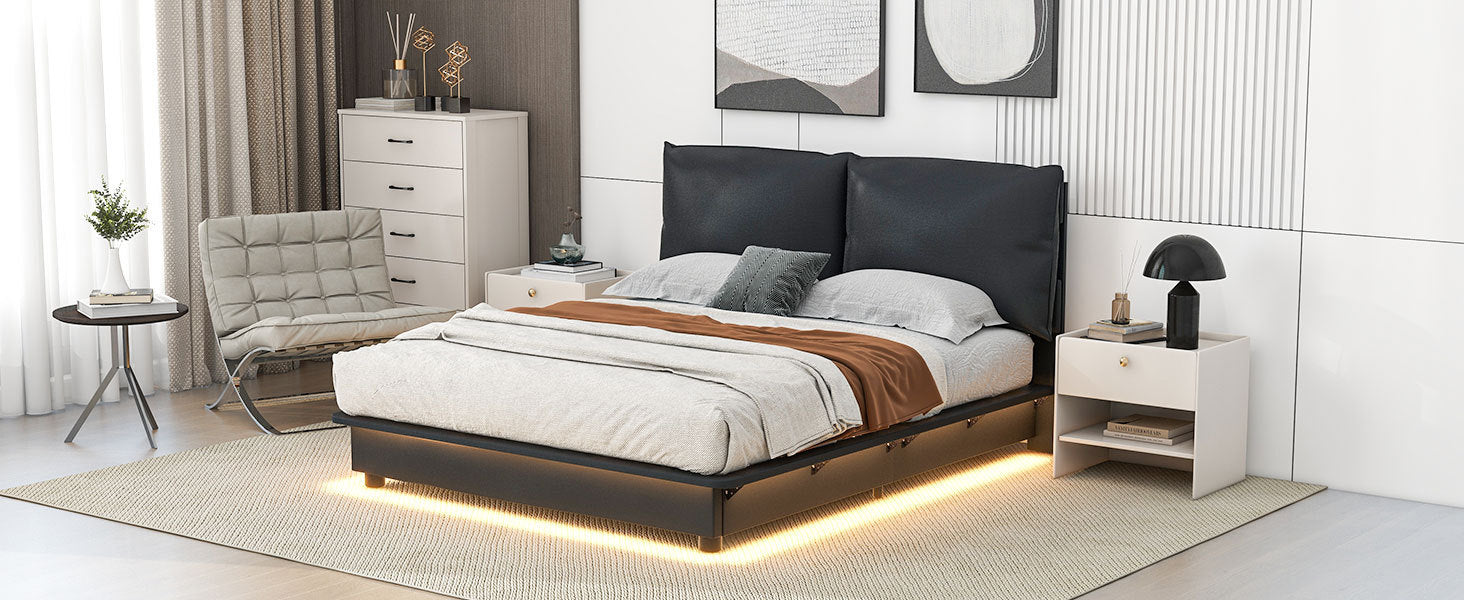 Queen Size Upholstered Platform Bed with Sensor Light and Ergonomic Design Backrests, Black - Atlantic Fine Furniture Melbourne FL