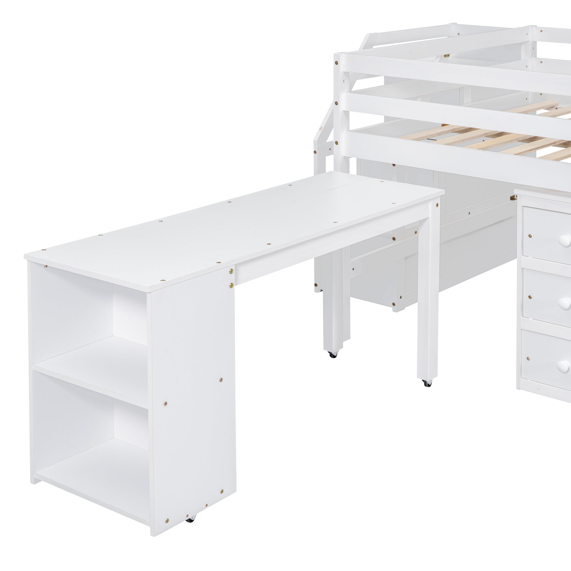 Full Size Loft Bed with Retractable Writing Desk and 3 Drawers, Wooden Loft Bed with Storage Stairs and Shelves, White - Atlantic Fine Furniture Melbourne FL