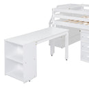 Full Size Loft Bed with Retractable Writing Desk and 3 Drawers, Wooden Loft Bed with Storage Stairs and Shelves, White