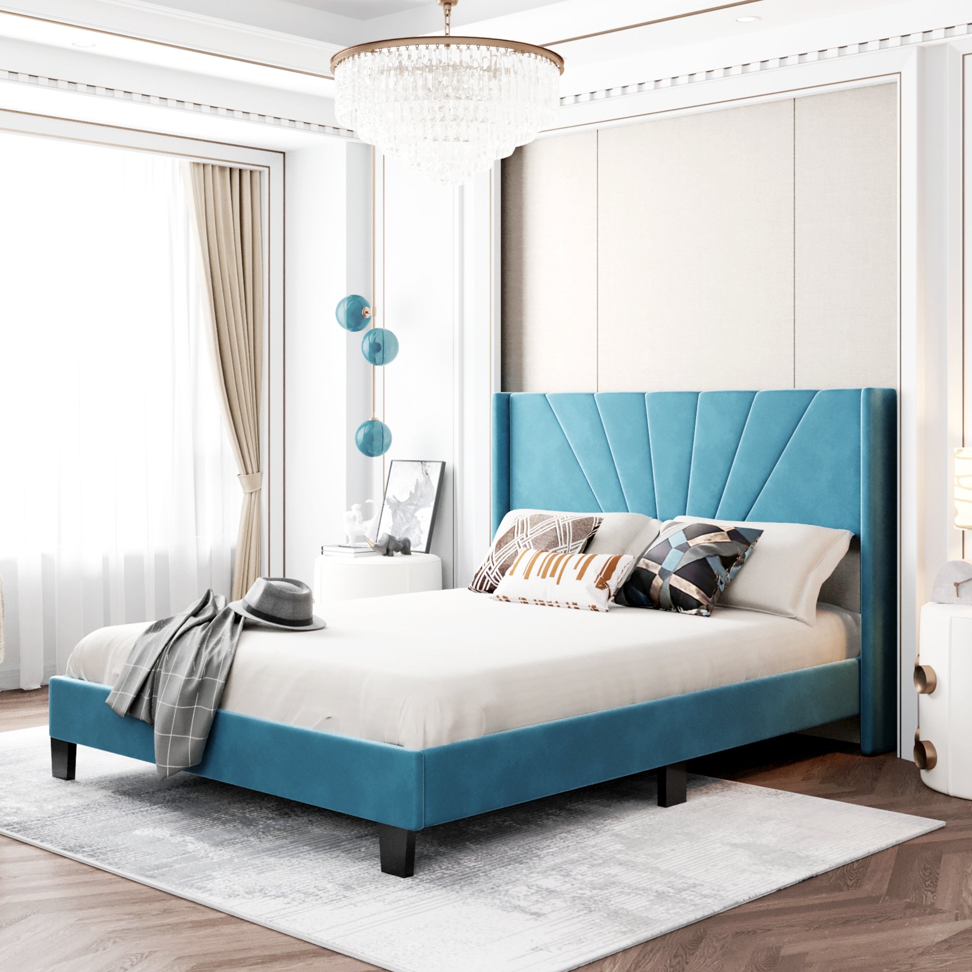 Queen Size Velvet Upholstered Platform Bed, Box Spring Needed - Blue - Atlantic Fine Furniture Melbourne FL