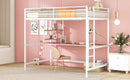 Full Metal Loft Bed with Desk and Shelve, White