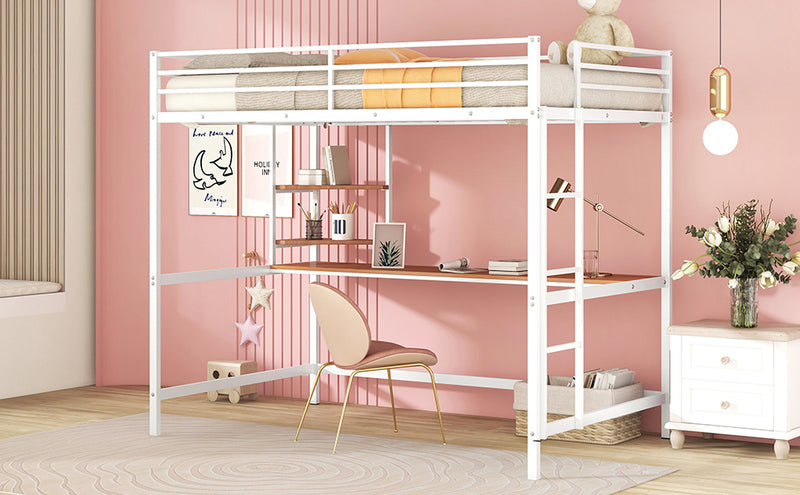 Full Metal Loft Bed with Desk and Shelve, White