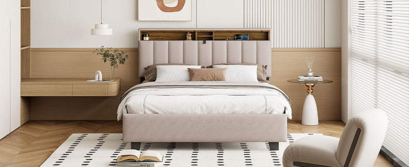 Upholstered Platform Bed With Storage Headboard, Trundle & 2 Drawers And A Set Of Sockets & USB Ports