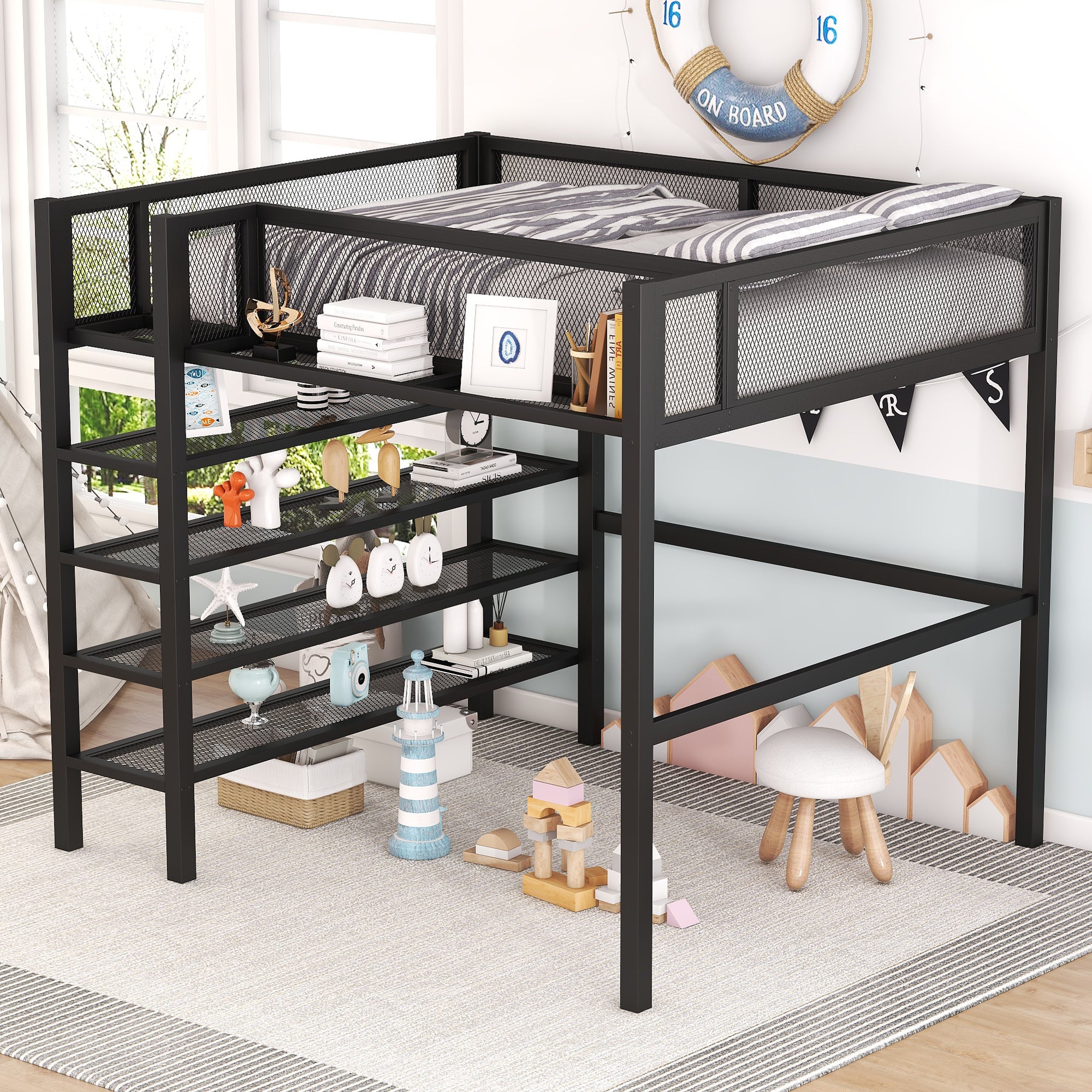 Full Size Metal Loft Bed with 4-Tier Shelves and Storage, Black - Atlantic Fine Furniture Melbourne FL
