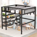 Full Size Metal Loft Bed with 4-Tier Shelves and Storage, Black