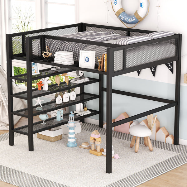 Full Size Metal Loft Bed with 4-Tier Shelves and Storage, Black