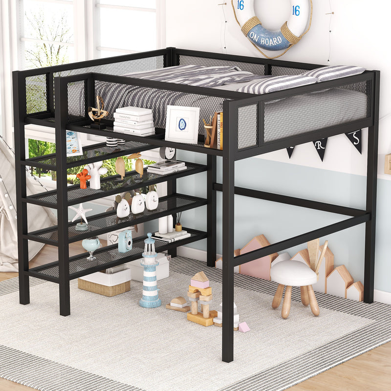 Full Size Metal Loft Bed with 4-Tier Shelves and Storage, Black