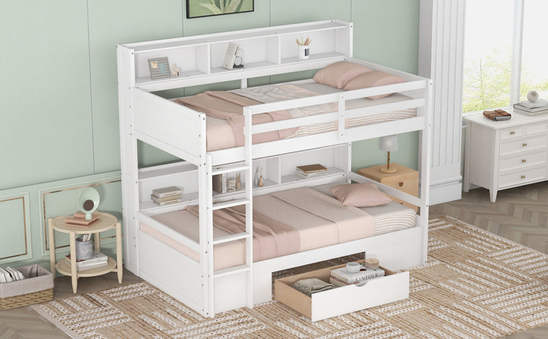 Twin Size Bunk Bed with Built-in Shelves Beside both Upper and Down Bed and Storage Drawer,White