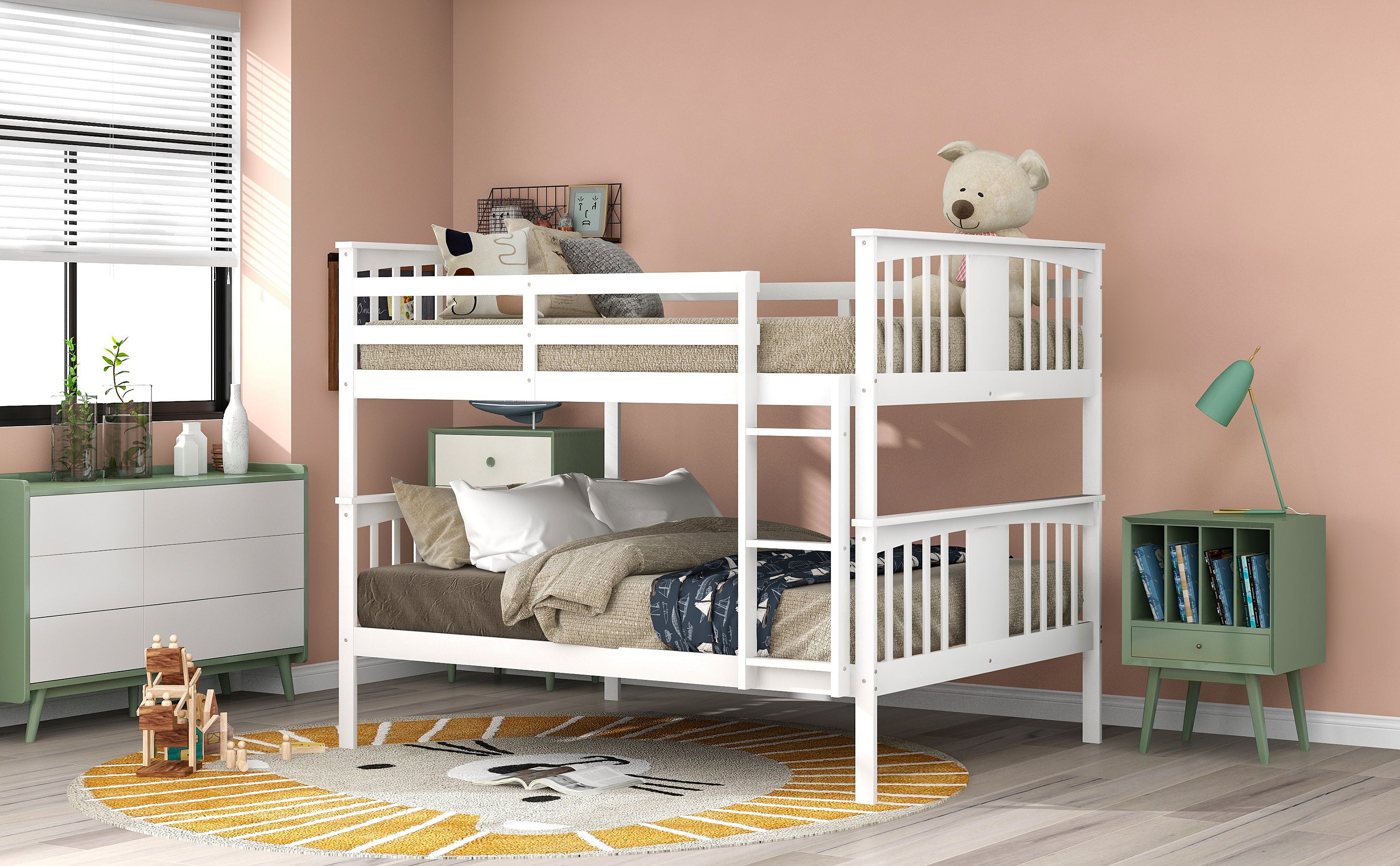 Full over Full Bunk Bed with Ladder for Bedroom, Guest Room Furniture-White(OLD SKU :LP000203AAK)