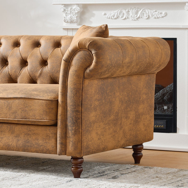 Chesterfield Sofa, High Roll Armrest Sofa, Upholstered Mid Century Modern Couch, 3 Seater Couch - Brown