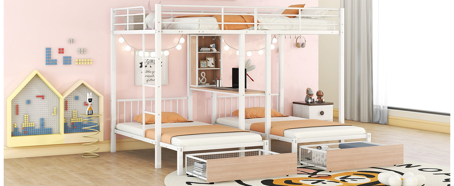 Full Over Twin & Twin Triple Bunk Bed with Drawers, Multi-functional Metal Frame Bed with desks and shelves in the middle, White - Atlantic Fine Furniture Melbourne FL