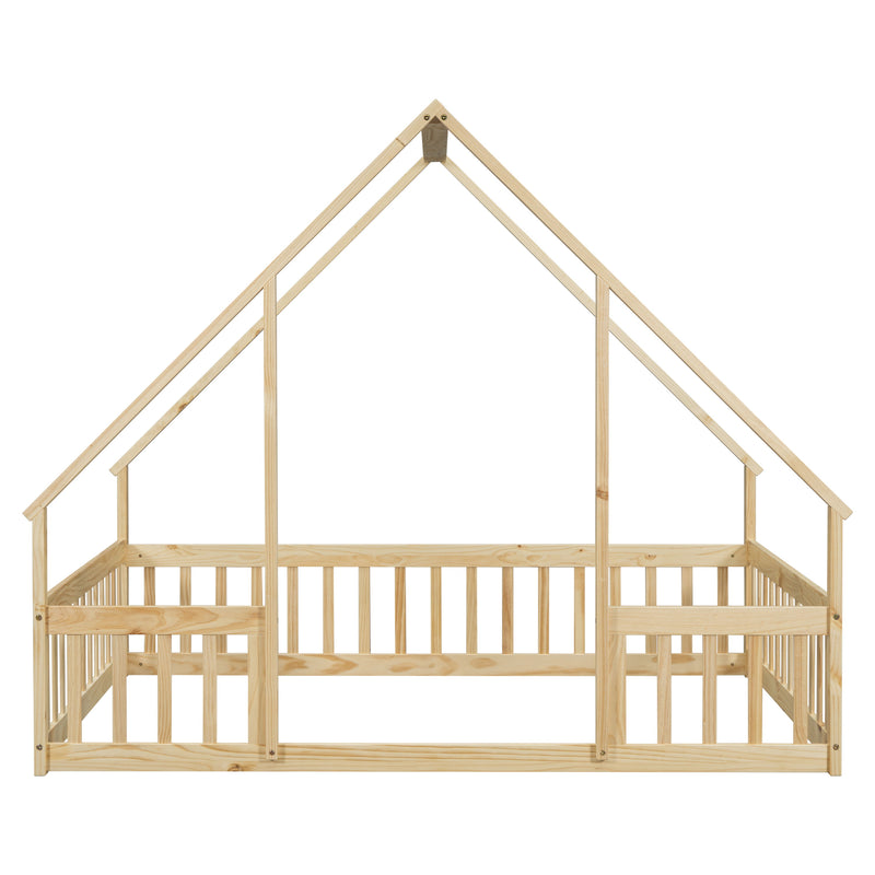 Wood House-Shaped Floor Bed With Fence, Guardrails