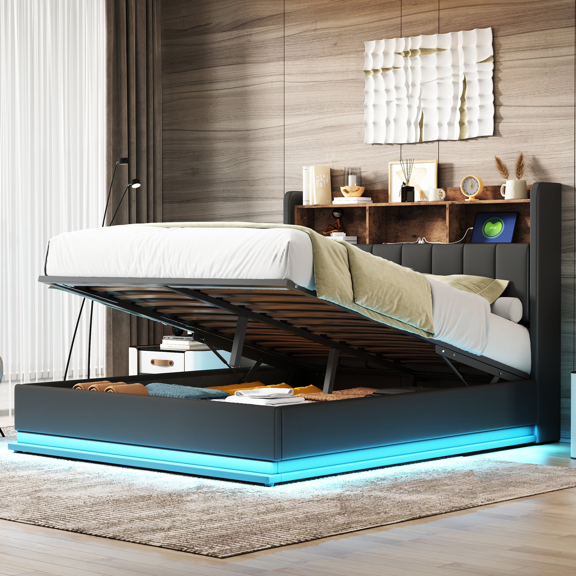Queen Size  Upholstered Platform Bed with Storage Headboard and Hydraulic Storage System, PU Storage Bed with LED Lights and USB charger, Black - Atlantic Fine Furniture Melbourne FL
