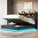 Queen Size  Upholstered Platform Bed with Storage Headboard and Hydraulic Storage System, PU Storage Bed with LED Lights and USB charger, Black