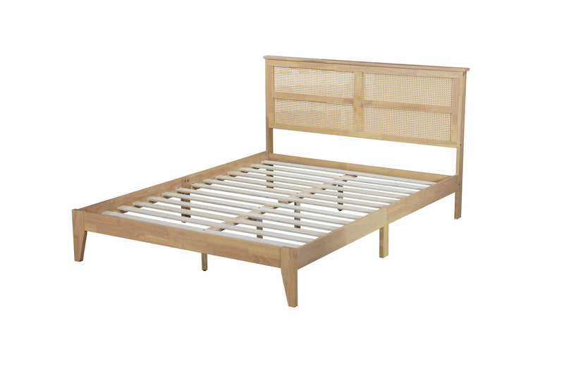 Queen Size Rubber Wooden, Solid Wooden Bed With Rattan Headboard, Enhanced By Support Feet - Natural