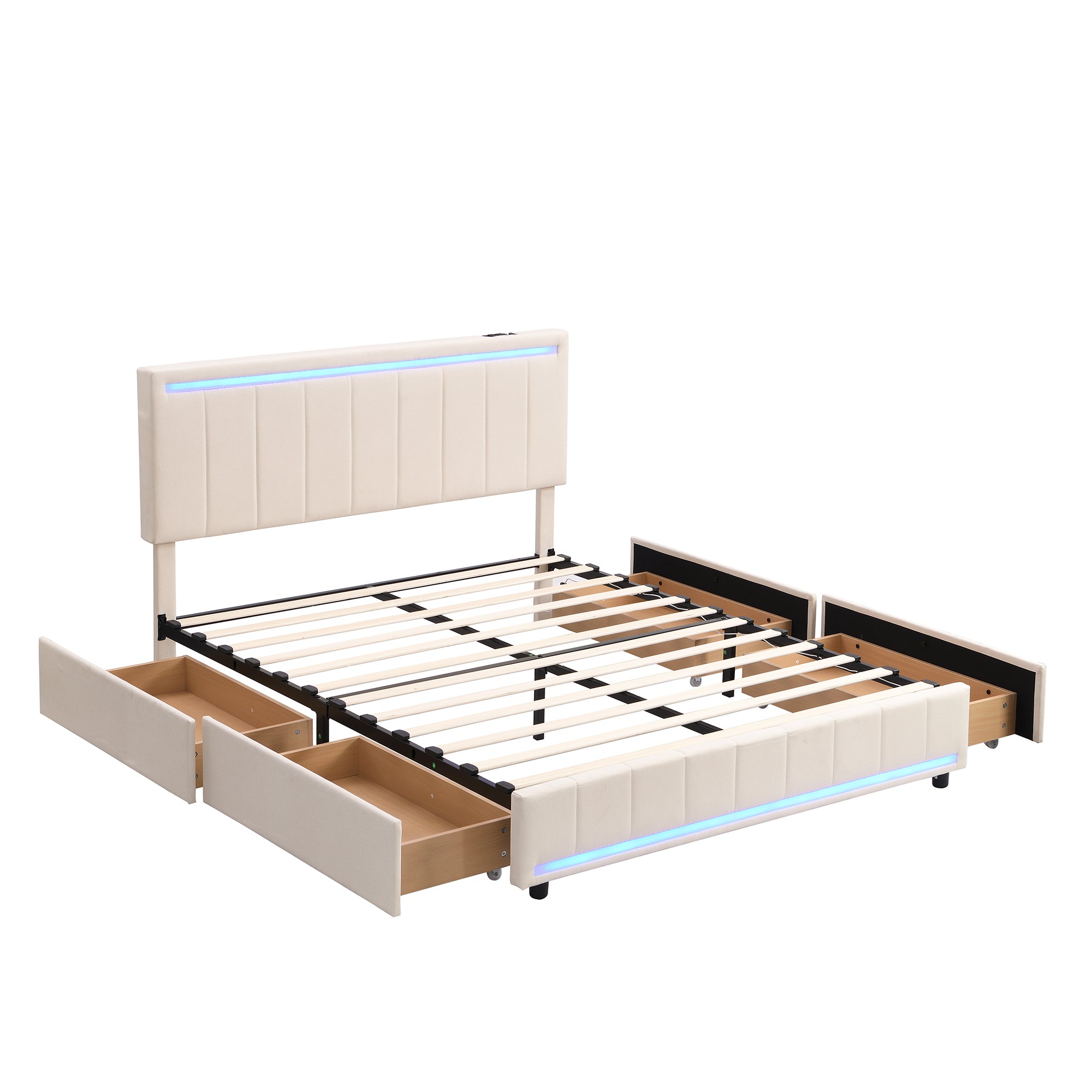 Queen Size Upholstered Bed with LED Light and 4 Drawers,  Modern Platform Bed with a set of Sockets and USB Ports, Linen Fabric, Beige - Atlantic Fine Furniture Melbourne FL
