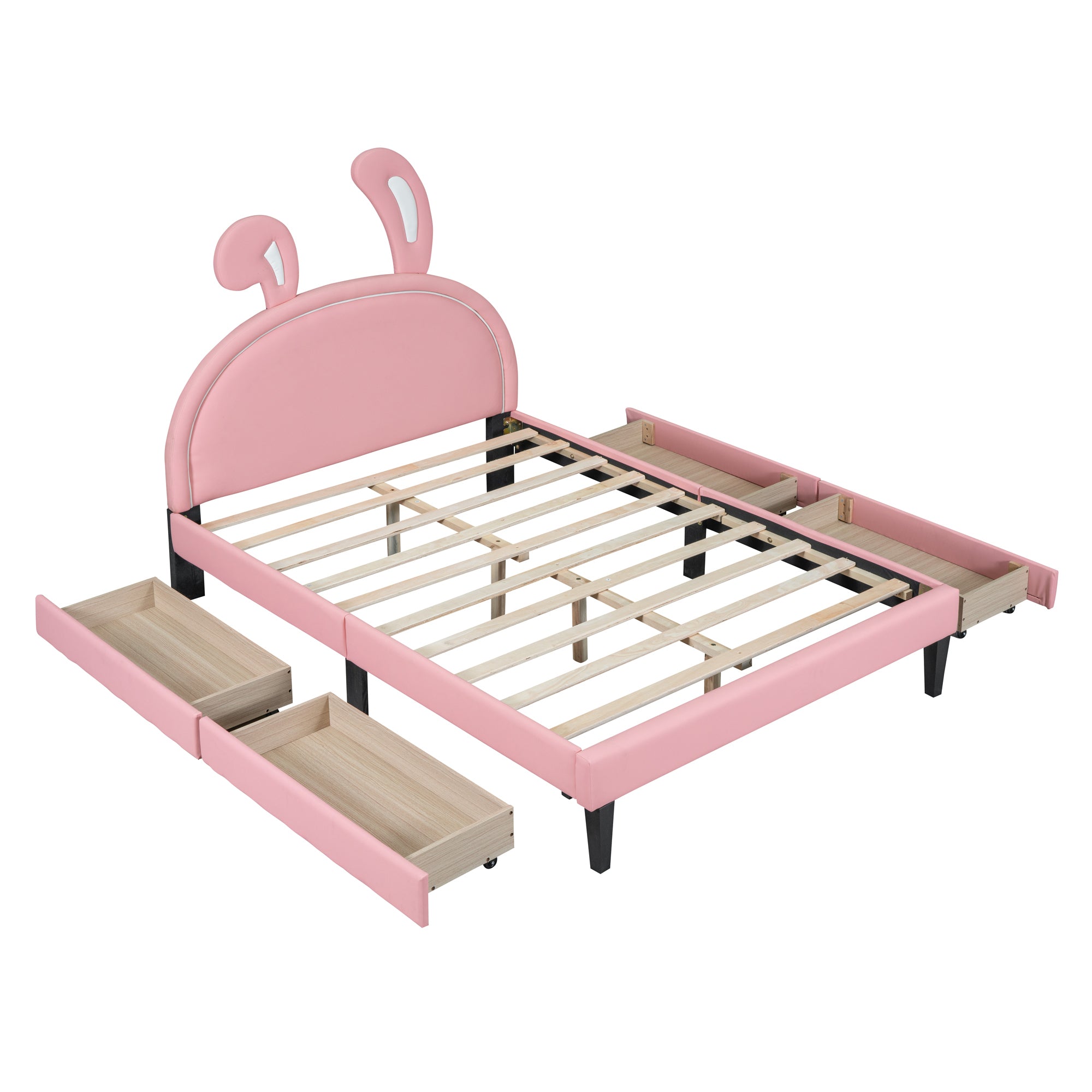 Full Size Upholstered Leather Platform Bed with Rabbit Ornament and 4 Drawers, Pink - Atlantic Fine Furniture Melbourne FL
