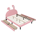 Full Size Upholstered Leather Platform Bed with Rabbit Ornament and 4 Drawers, Pink