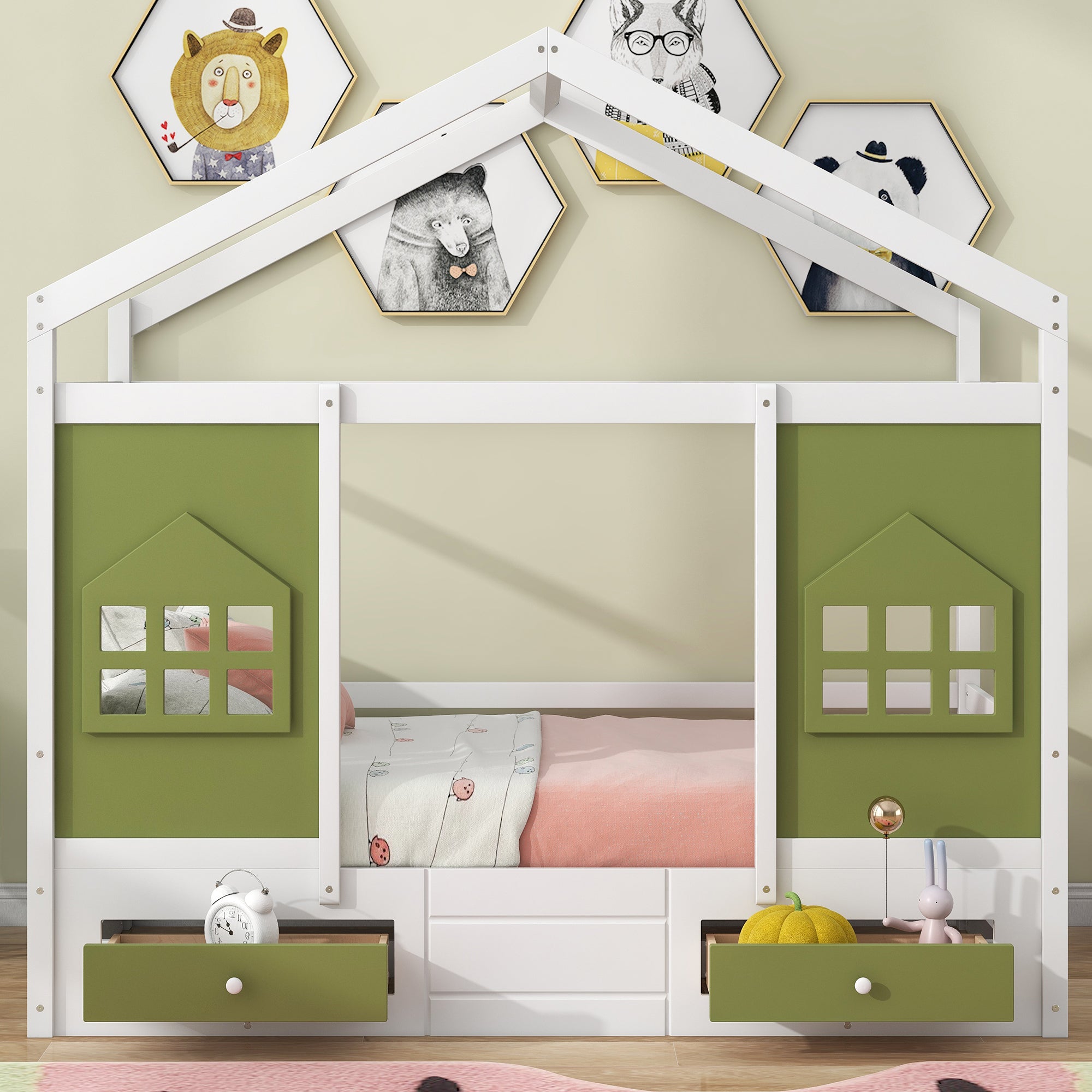 Twin Size Wood House Bed with 2 Drawers and Window Decoration, White+Olive Green - Atlantic Fine Furniture Melbourne FL