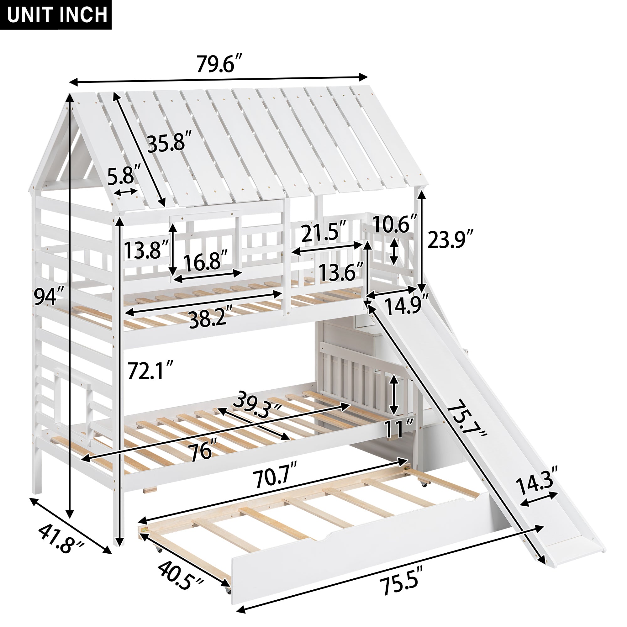 Twin over Twin House Bunk Bed with Trundle and Slide, Storage Staircase, Roof and Window Design, White(Old SKU: GX000931AAK) - Atlantic Fine Furniture Melbourne FL