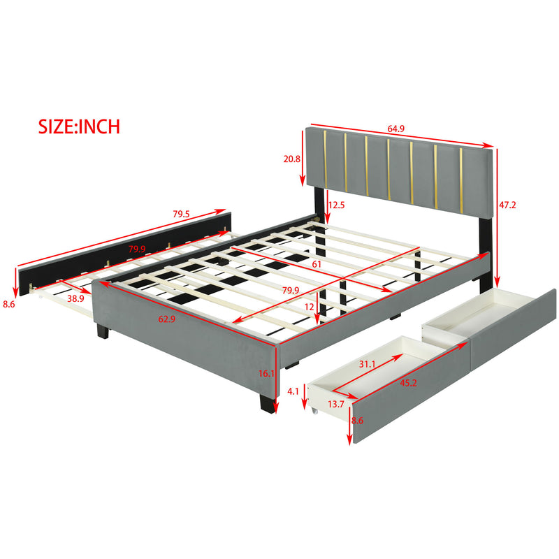 Upholstered Platform Bed With 2 Drawers And 1 Trundle, Classic Strip Headboard Design