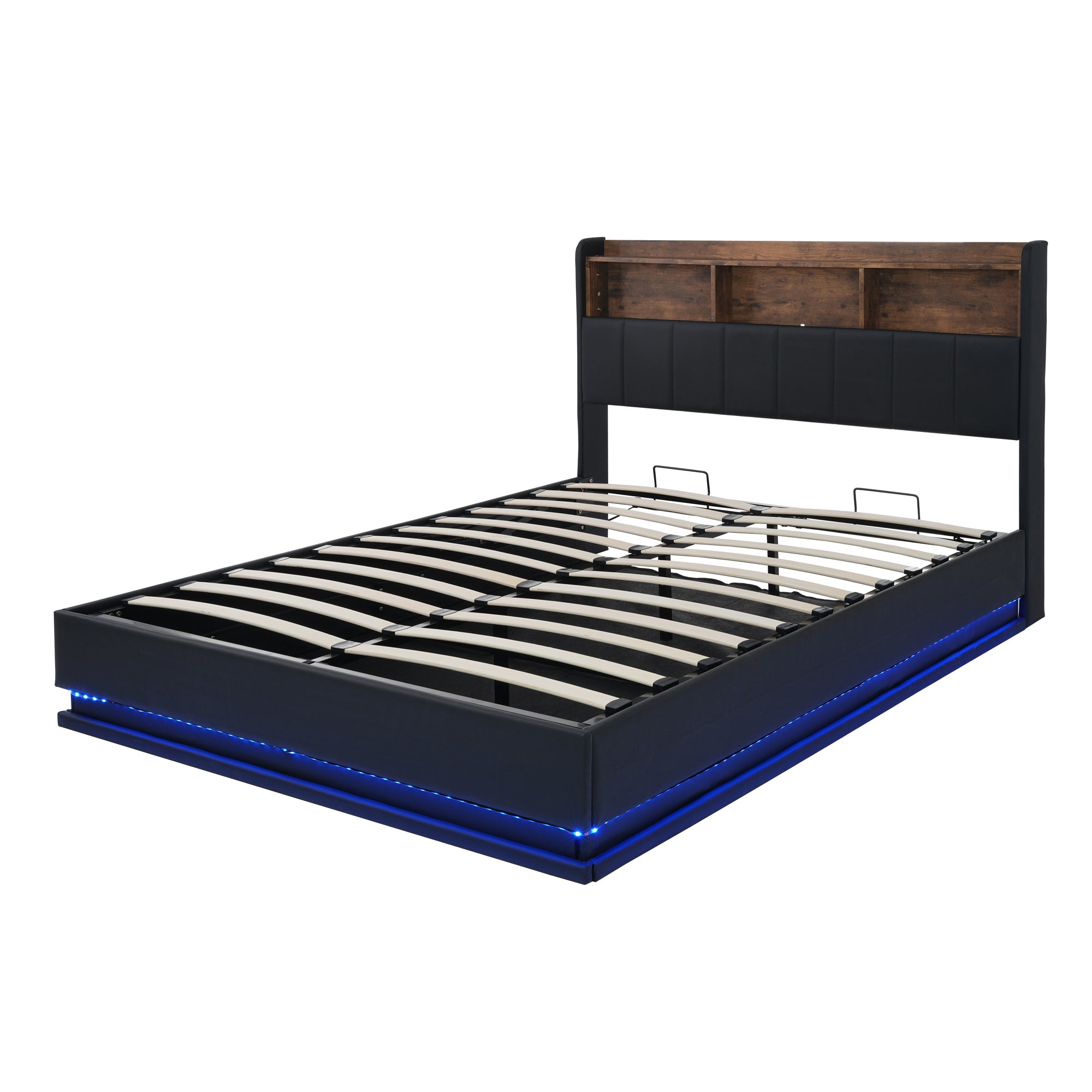 Queen Size  Upholstered Platform Bed with Storage Headboard and Hydraulic Storage System, PU Storage Bed with LED Lights and USB charger, Black - Atlantic Fine Furniture Melbourne FL