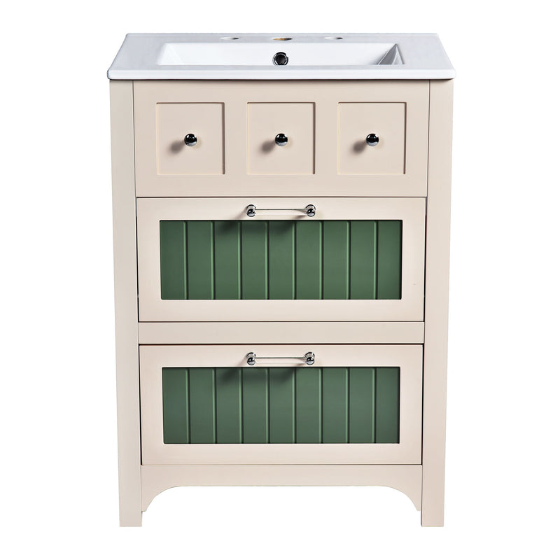 Bathroom Vanity With Ceramic Sink, Bathroom Vanity Cabinet With 2 Drawers, Wooden Bathroom Sink Cabinet - Beige / Green