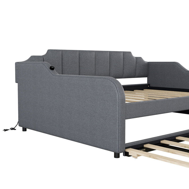 Full Size Upholstered Daybed With Trundle And USB Charging - Gray