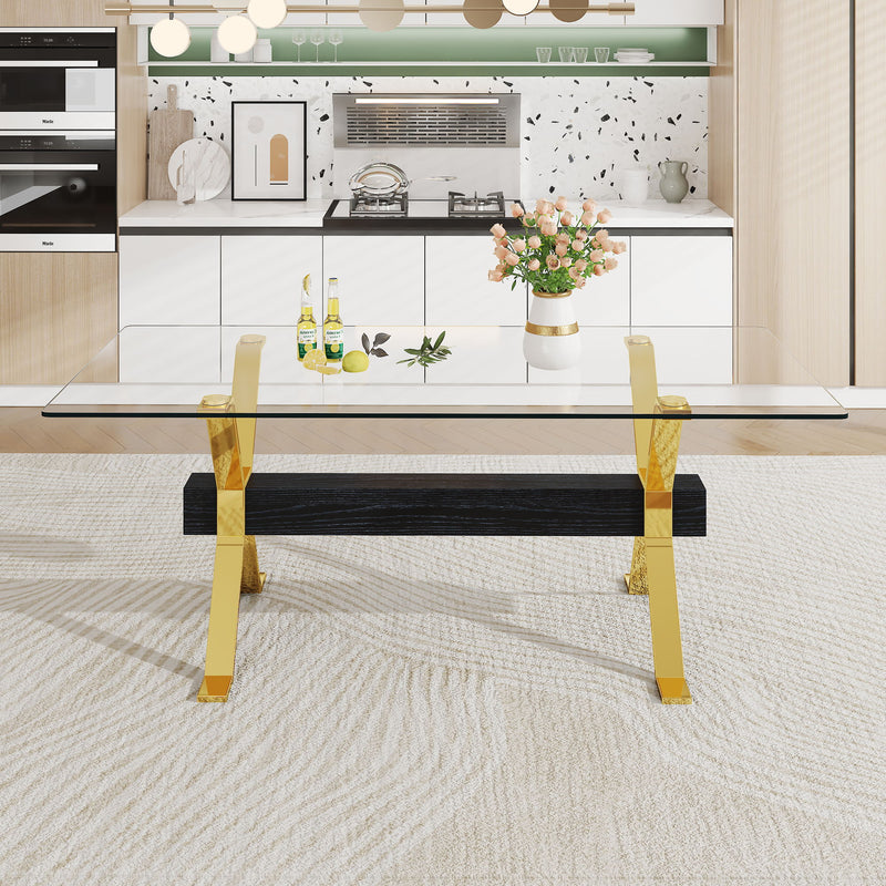 Modern Tempered Glass Dining Table With Metal Legs And Crossbars - Transparent