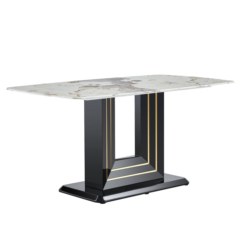 Rectangular Marble Dining Table, Luxurious Dining Room Table With Faux Marble Top And U-Shape MDF Base, Modern Kitchen Dining Table For Kitchen Living Dining Room - White / Black