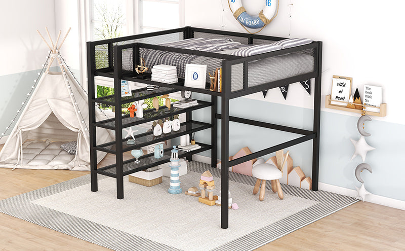 Full Size Metal Loft Bed with 4-Tier Shelves and Storage, Black