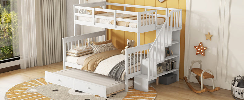 Twin-Over-Full Bunk Bed with Twin size Trundle, Storage and Guard Rail for Bedroom, Dorm, for Adults, White(OLD SKU :LT000119AAK)