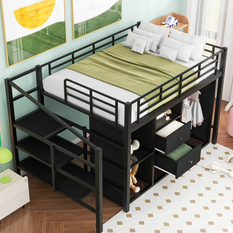 Full Size Metal Loft Bed with Drawers, Storage Staircase and Small Wardrobe