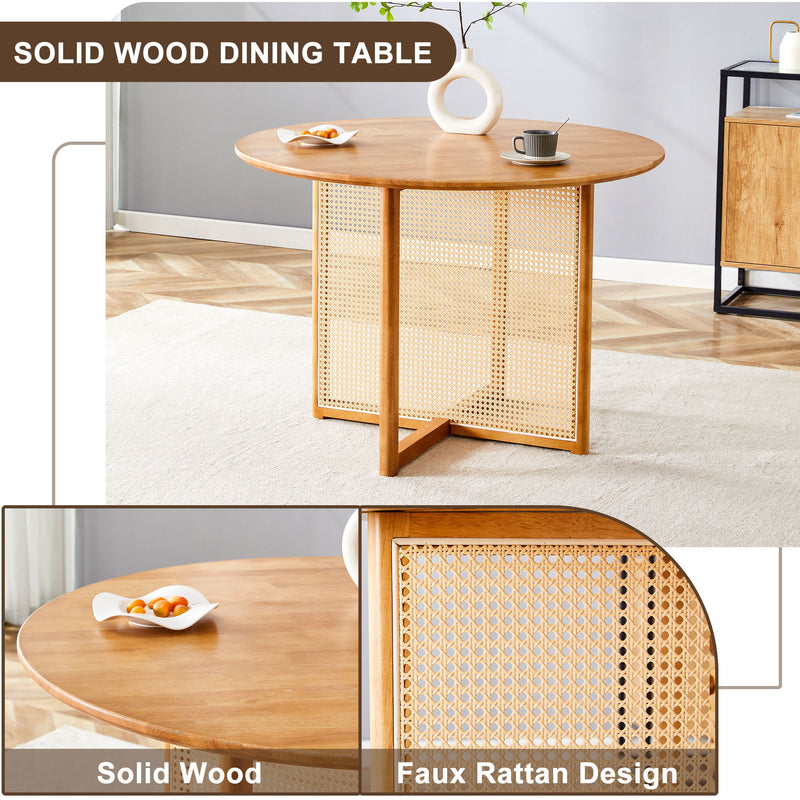 Chinese Countryside Retro Solid Wood Round Table, Simple Modern Imitation Rattan Table - Wood