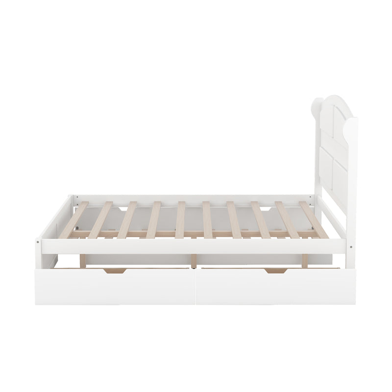 Wood Queen Size Platform Bed with Twin Size Trundle and 2 Drawers, White